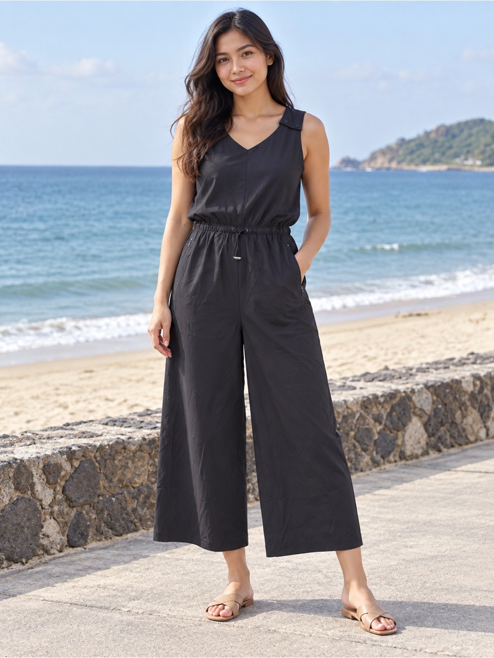 Zuda Black Sleeveless V-Neck Wide Leg Cropped Jumpsuit Size M Petite